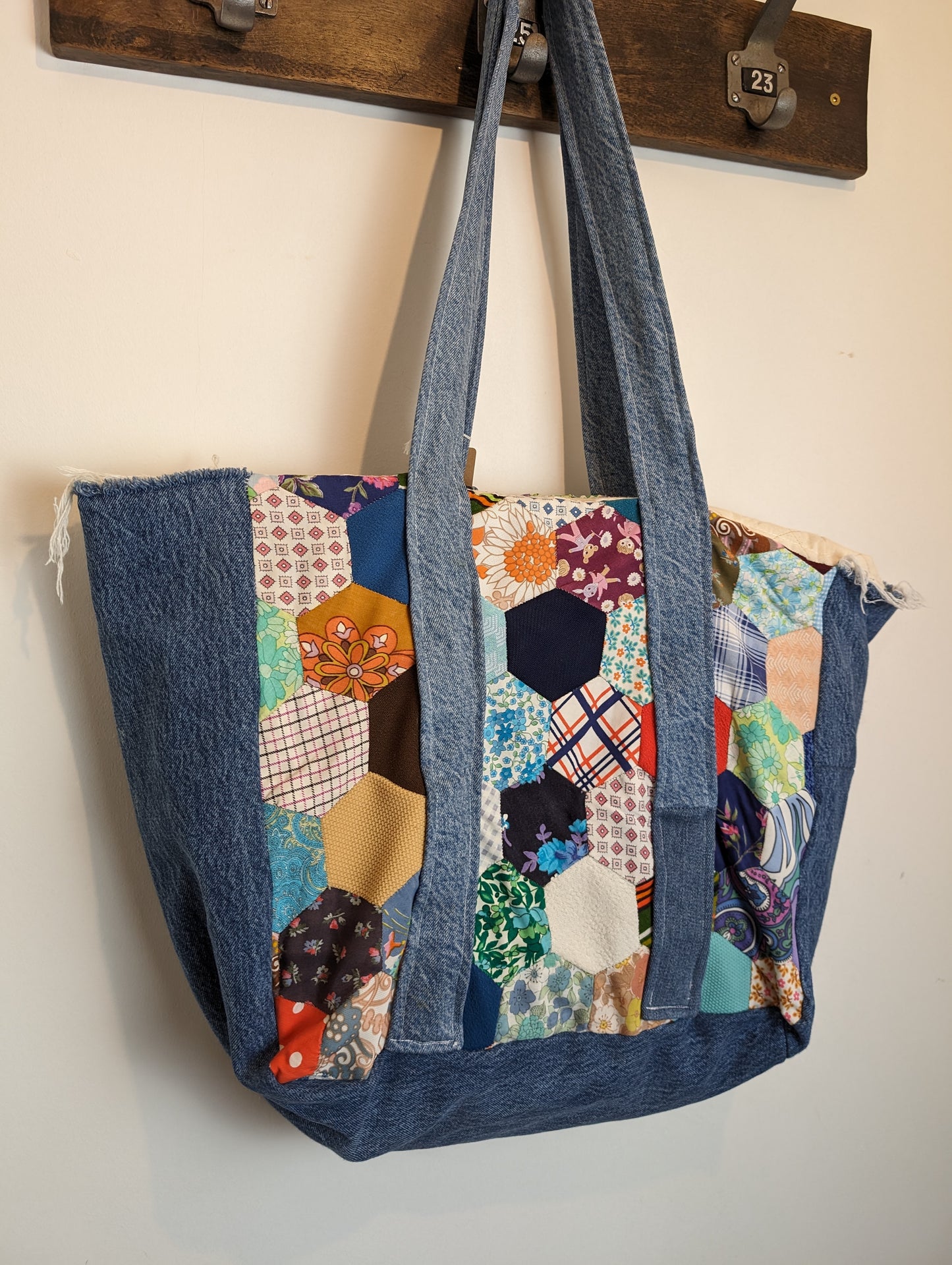 Handmade patchwork tote bag #2 denim fray work